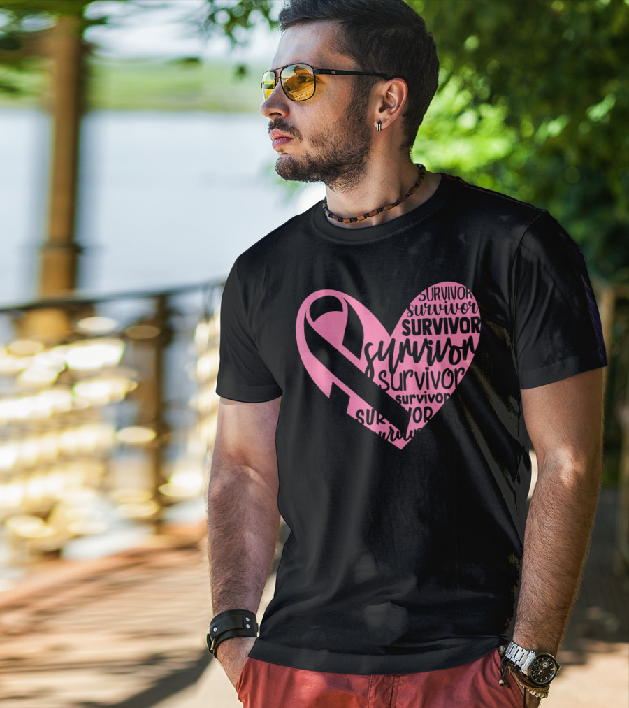 Survivor Pink Ribbon Heart Breast Cancer Pin T-Shirt