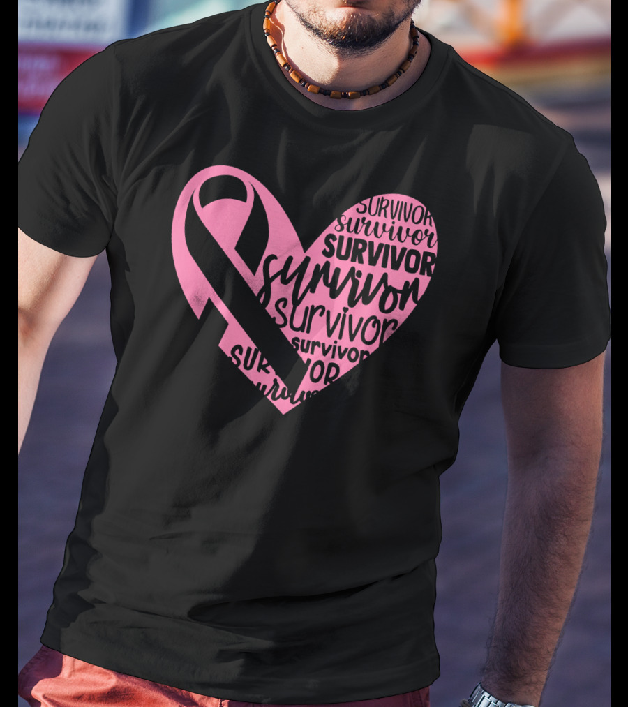 Survivor Pink Ribbon Heart Breast Cancer Pin T-Shirt