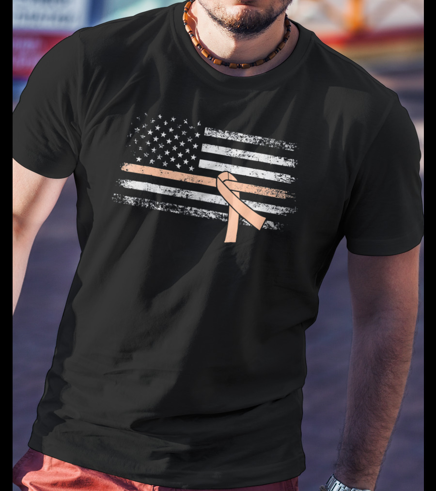 American Flag With Peach Ribbon For Uterine Cancer Awareness T-Shirt