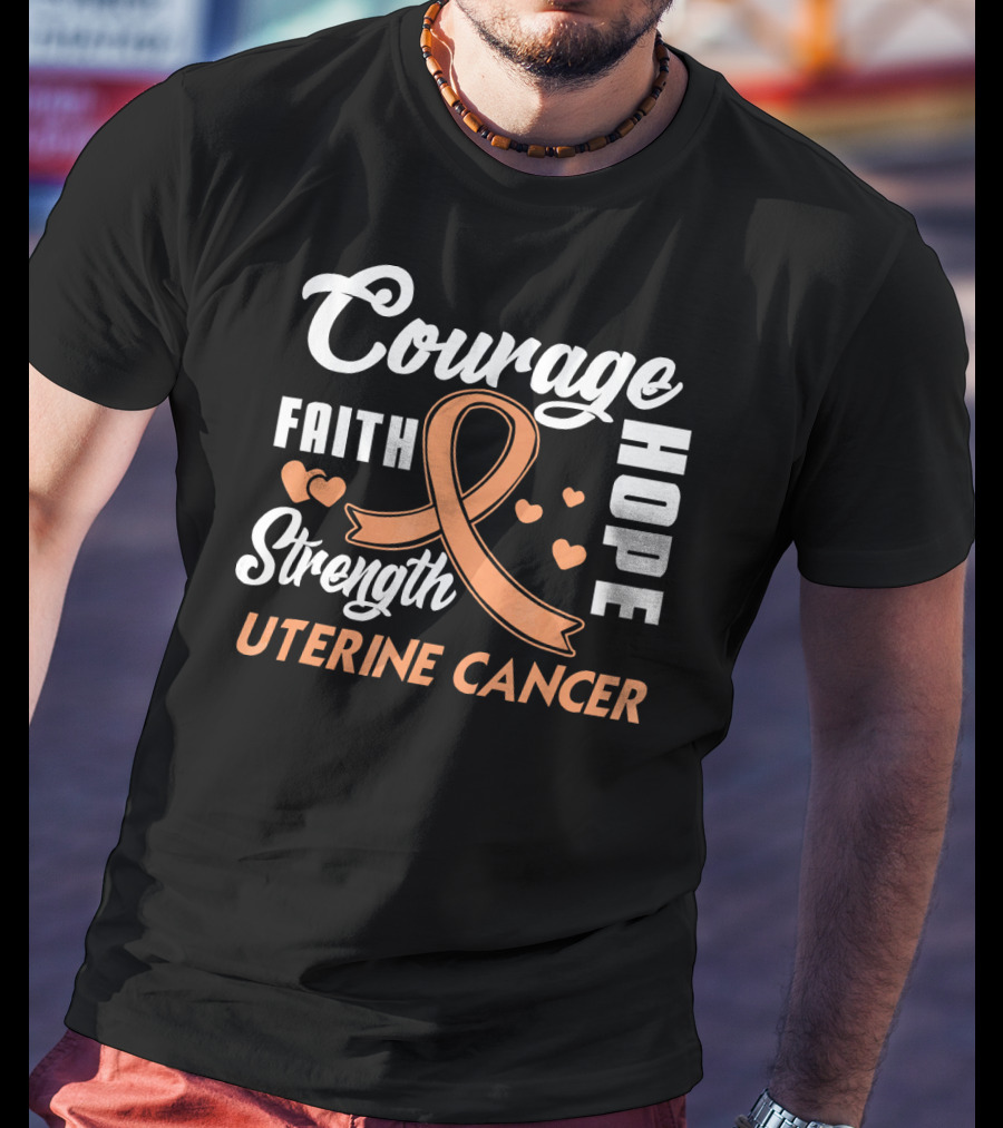 Courage Faith Strength Hope Uterine Cancer Fight Wear Peach T-Shirt