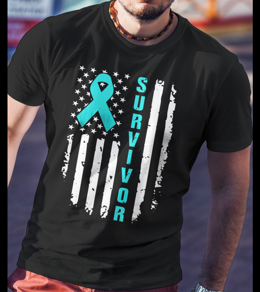 Survivor Ovarian Cancer Awareness American Flag T-Shirt