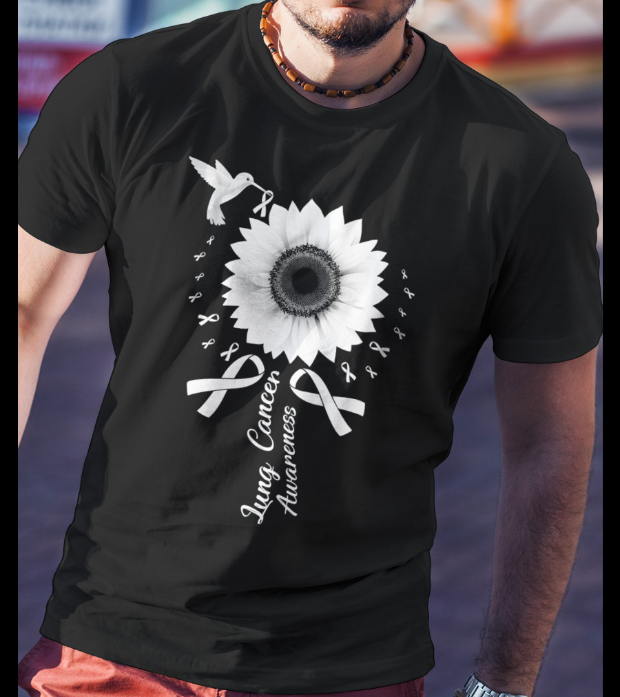 Lung Cancer Awareness Hummingbird Sunflower White T-Shirt