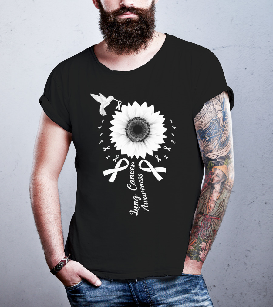 Lung Cancer Awareness Hummingbird Sunflower White T-Shirt