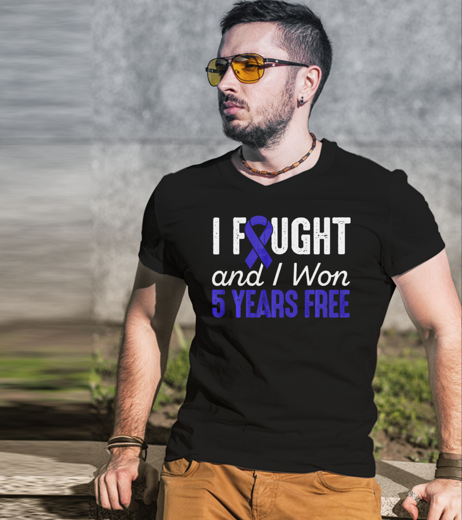 I Fought And I Won 5 Years Free Colon Cancerversary Blue T-Shirt