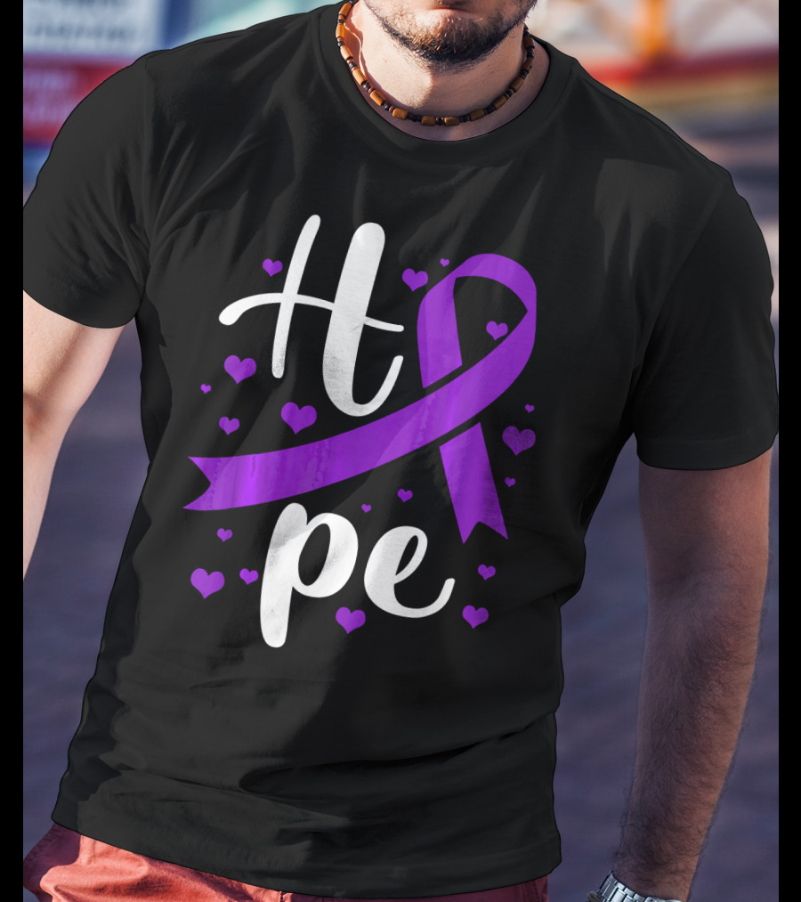 Hope Pancreatic Cancer Awareness Women Purple Ribbon Hearts T-Shirt