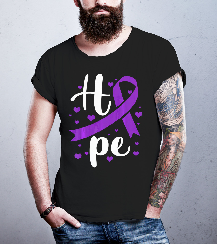 Hope Pancreatic Cancer Awareness Women Purple Ribbon Hearts T-Shirt
