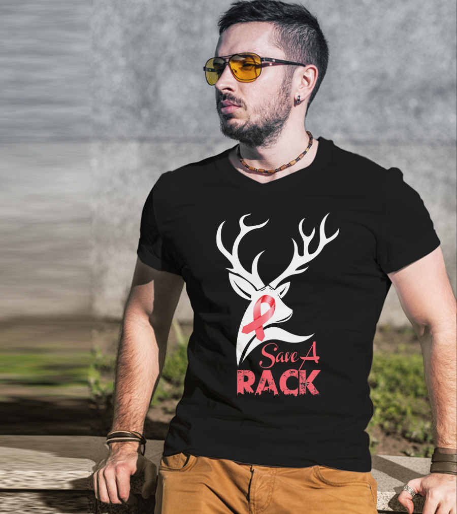 Save A Rack Breast Cancer Awareness Pink Ribbon Deer Antlers T-Shirt