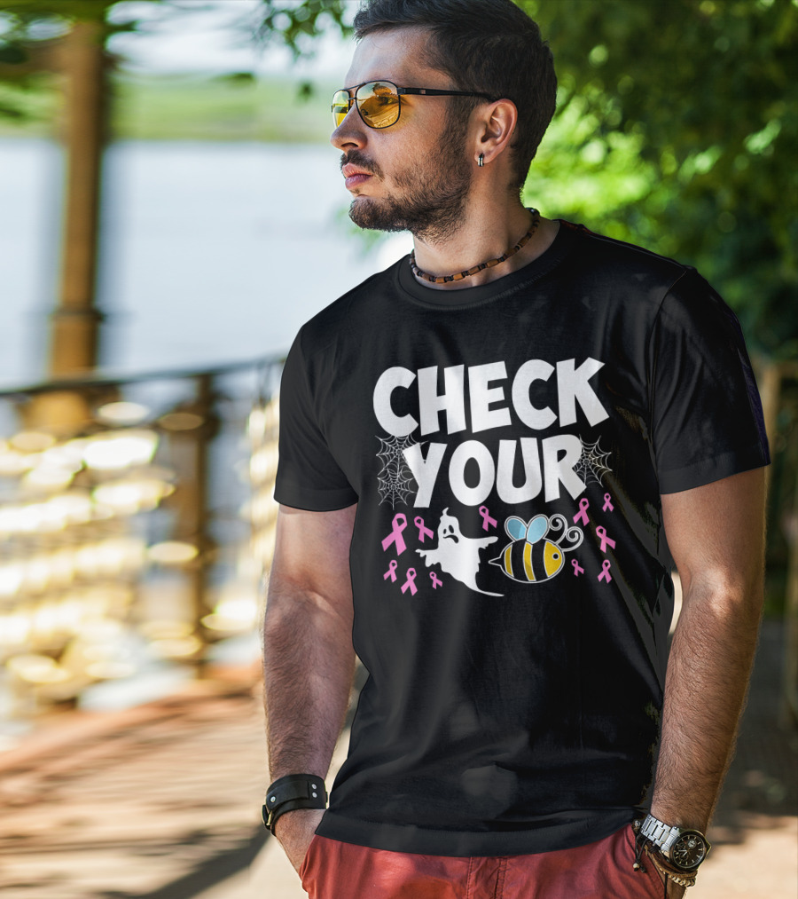 CHECK YOUR BOO BEES Breast Cancer Awareness Halloween Ghost And Bee With Ribbons T-Shirt