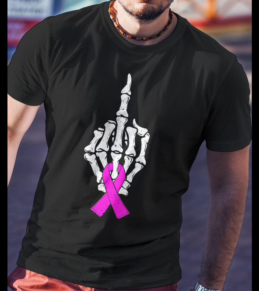 Breast Cancer Skeleton Middle Finger Pink Ribbon Awareness T-Shirt