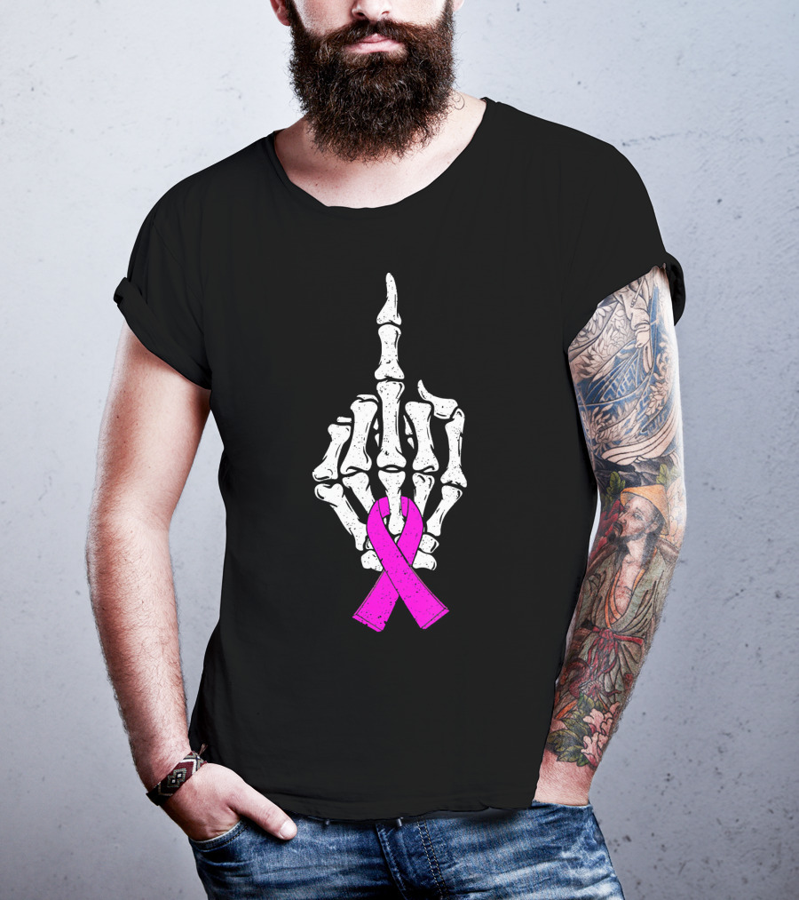 Breast Cancer Skeleton Middle Finger Pink Ribbon Awareness T-Shirt
