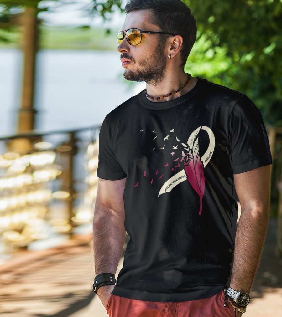 Head And Neck Cancer Awareness Feather Ribbon With Birds T-Shirt