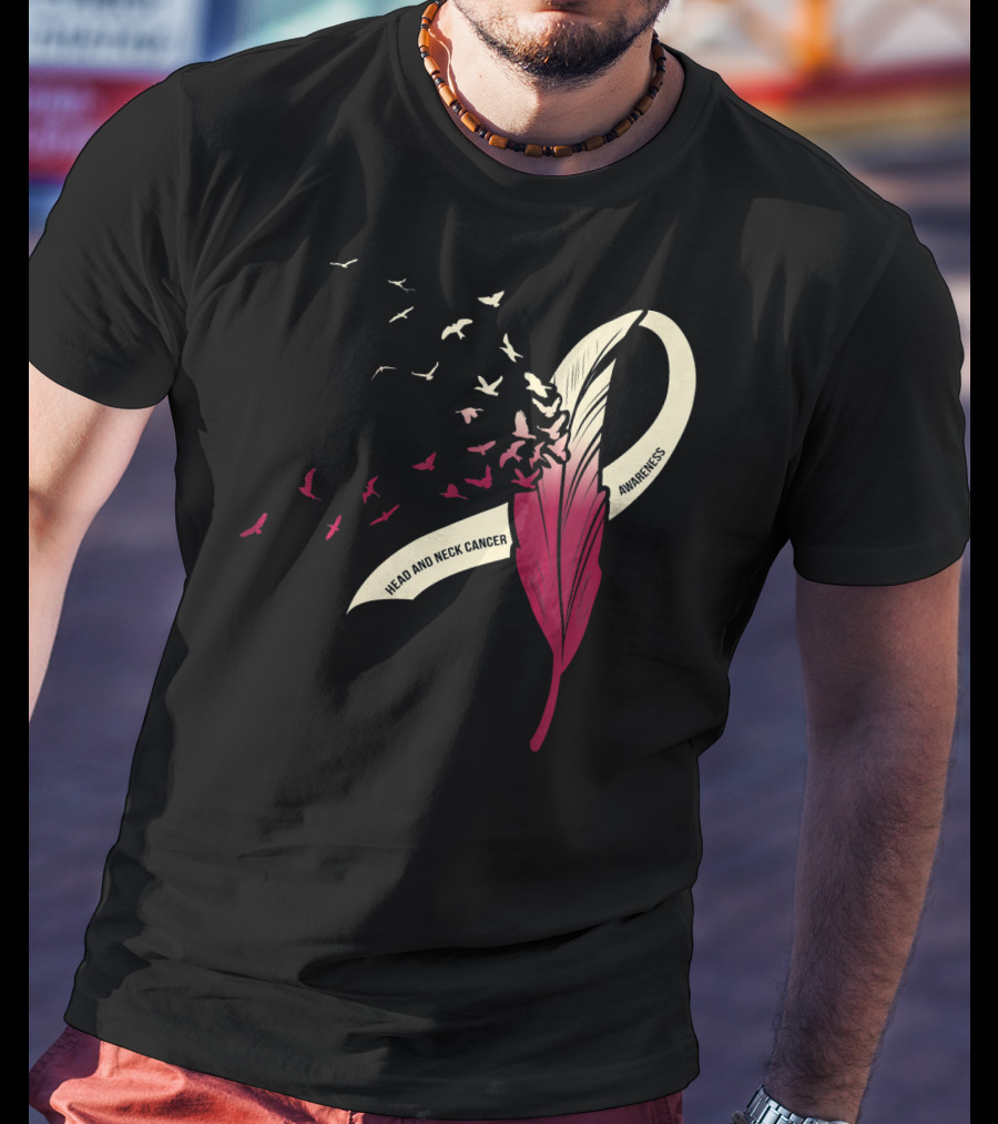 Head And Neck Cancer Awareness Feather Ribbon With Birds T-Shirt