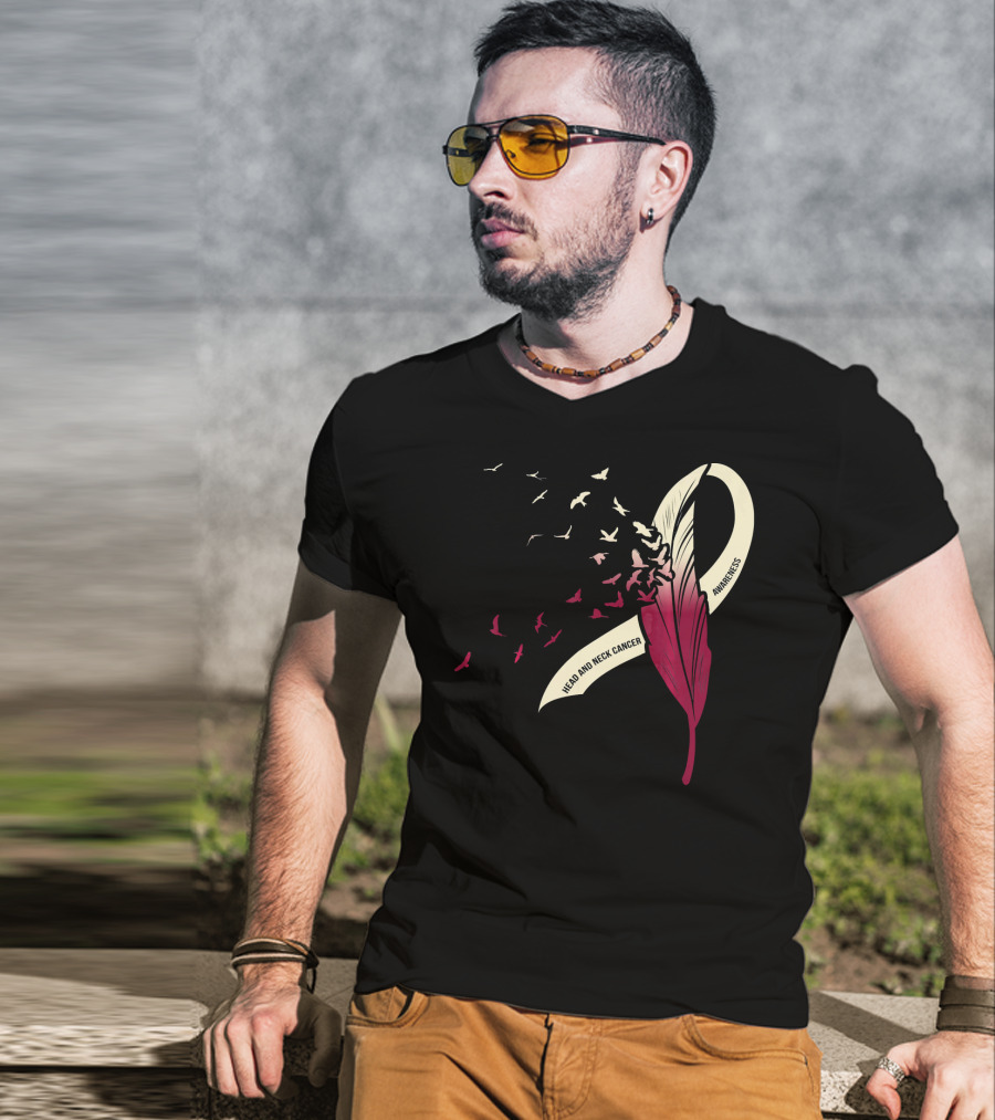 Head And Neck Cancer Awareness Feather Ribbon With Birds T-Shirt