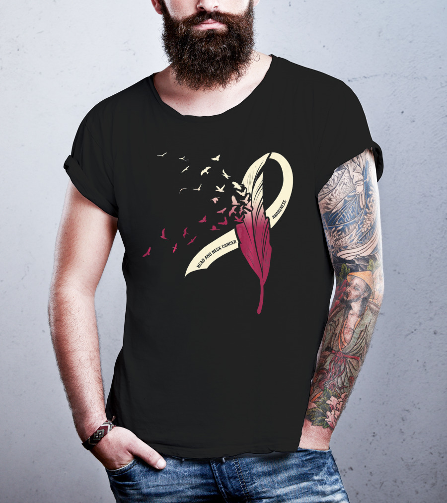 Head And Neck Cancer Awareness Feather Ribbon With Birds T-Shirt