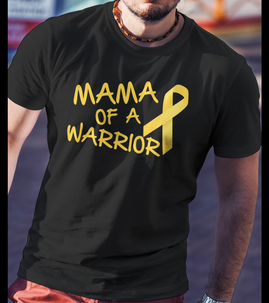 Mama Of A Warrior Yellow Ribbon Childhood Cancer Awareness T-Shirt