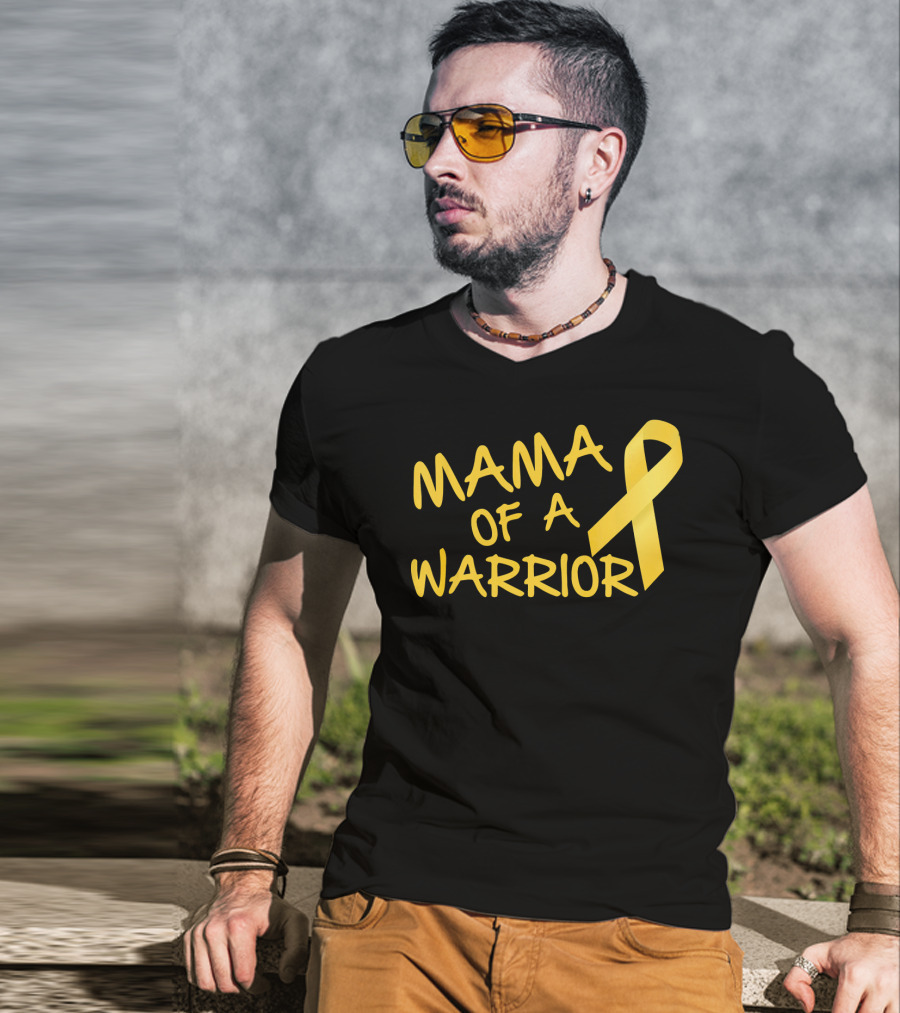 Mama Of A Warrior Yellow Ribbon Childhood Cancer Awareness T-Shirt