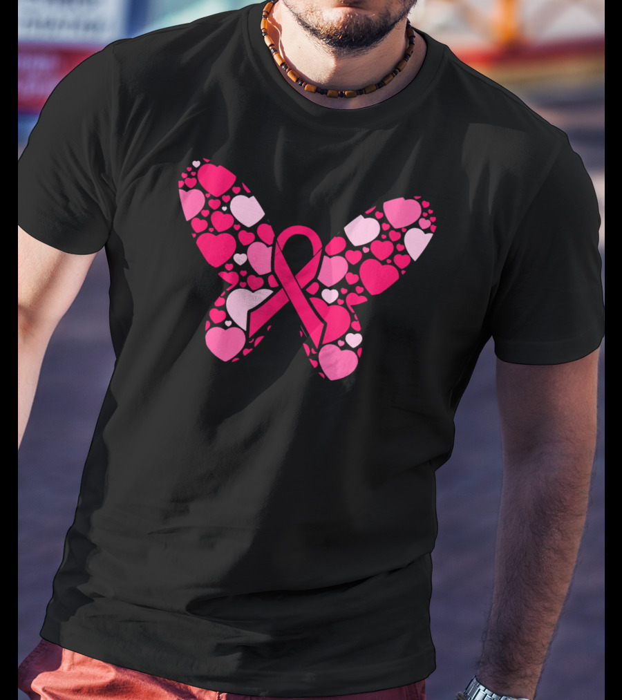 Pink Ribbon Hearts Butterfly Breast Cancer Awareness T-Shirt