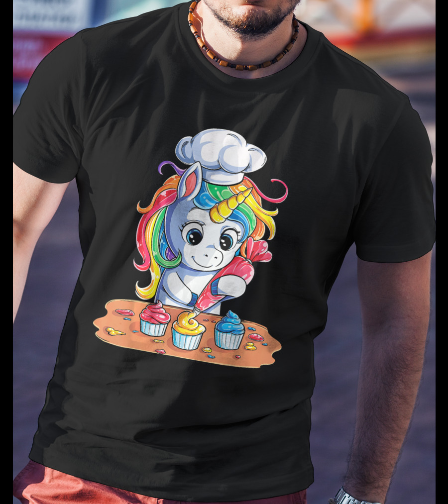 Unicorn Rainbow Chef Decorating Cupcakes Girls Magic T-Shirt