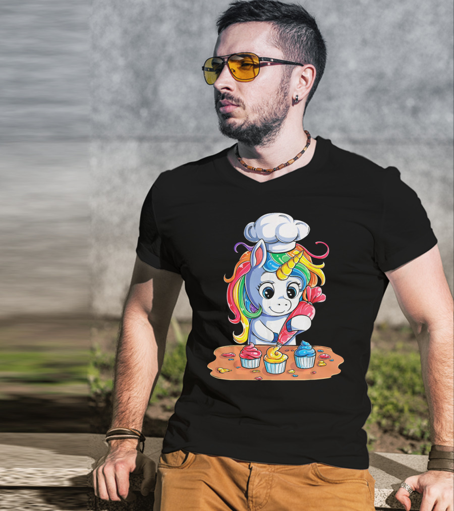 Unicorn Rainbow Chef Decorating Cupcakes Girls Magic T-Shirt