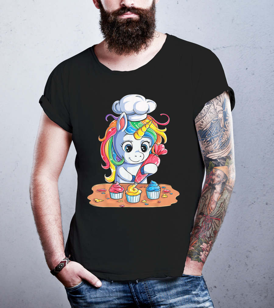 Unicorn Rainbow Chef Decorating Cupcakes Girls Magic T-Shirt