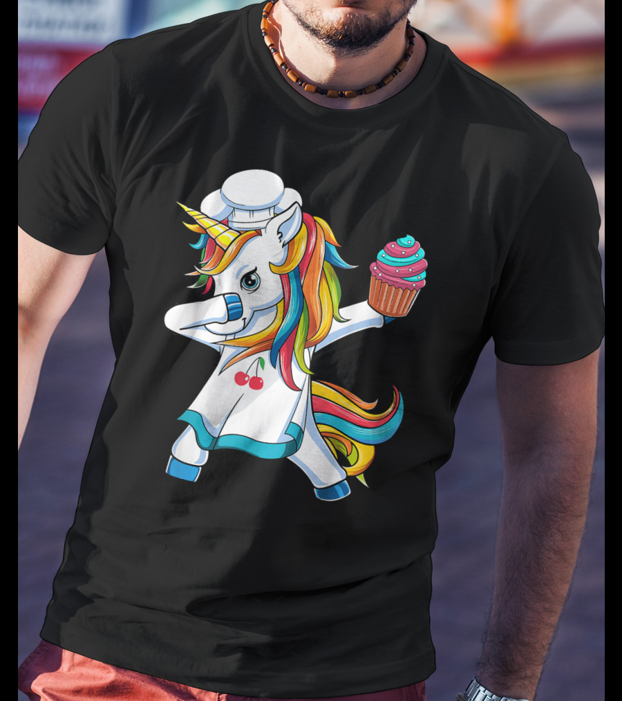 Dabbing Unicorn Rainbow Chef With Cupcake T-Shirt