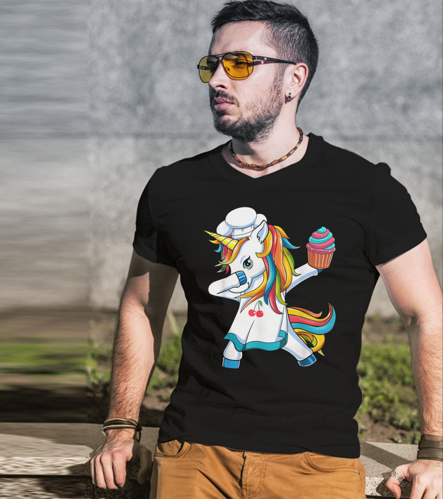 Dabbing Unicorn Rainbow Chef With Cupcake T-Shirt