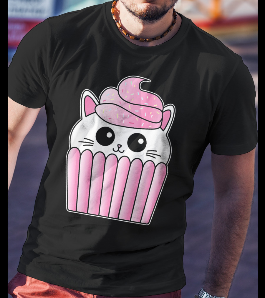 Kawaii Cat Cupcake Muffin In Pink Sweet Delight T-Shirt
