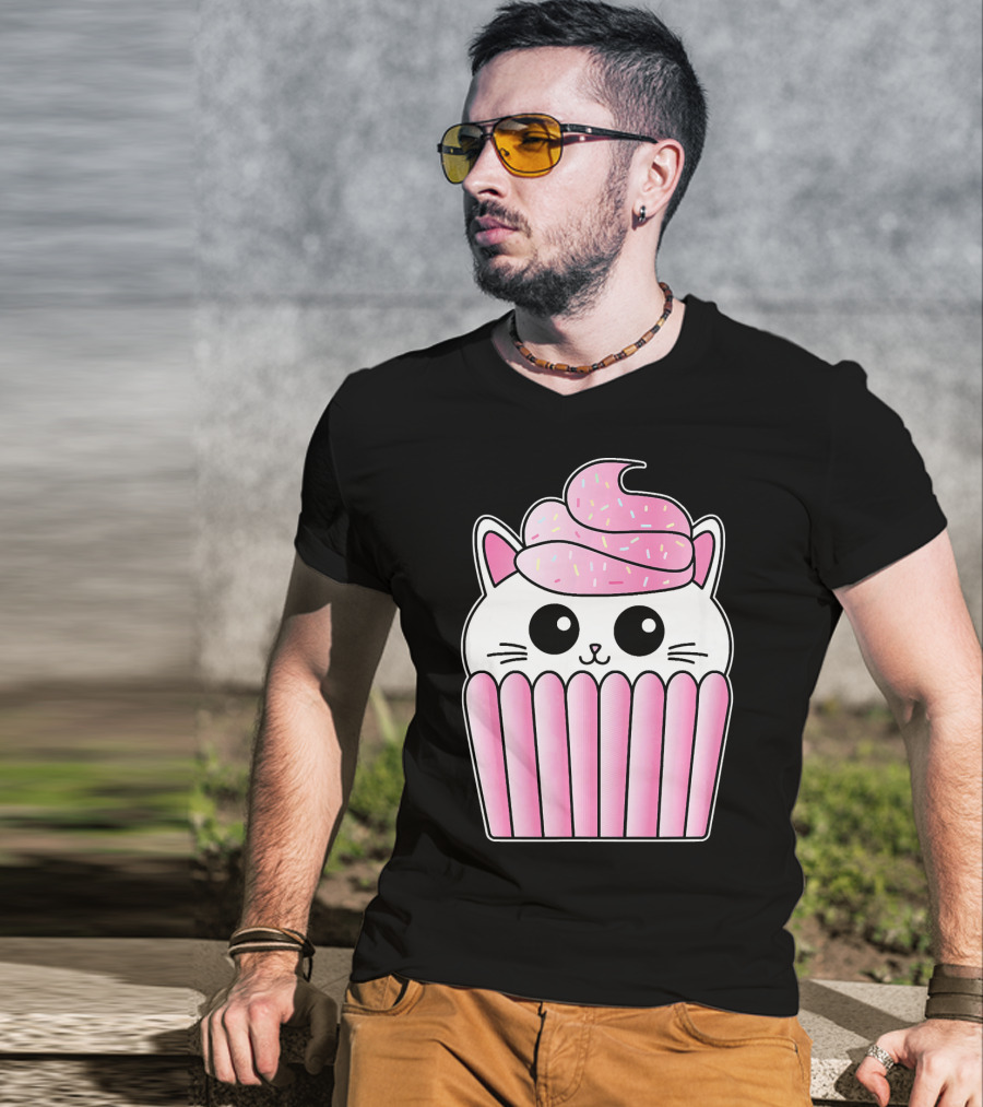 Kawaii Cat Cupcake Muffin In Pink Sweet Delight T-Shirt
