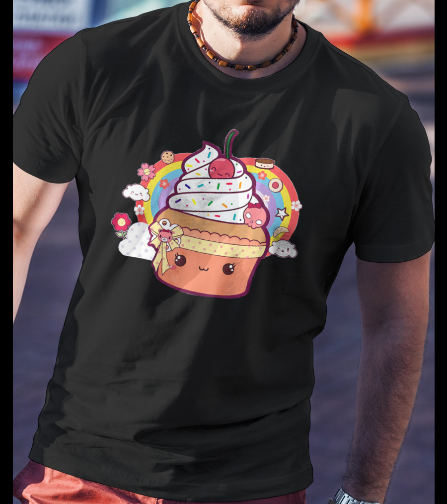 Funny Kawaii Chibi Cupcake With Rainbow And Cute Food Elements T-Shirt