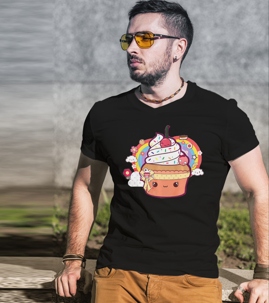 Funny Kawaii Chibi Cupcake With Rainbow And Cute Food Elements T-Shirt