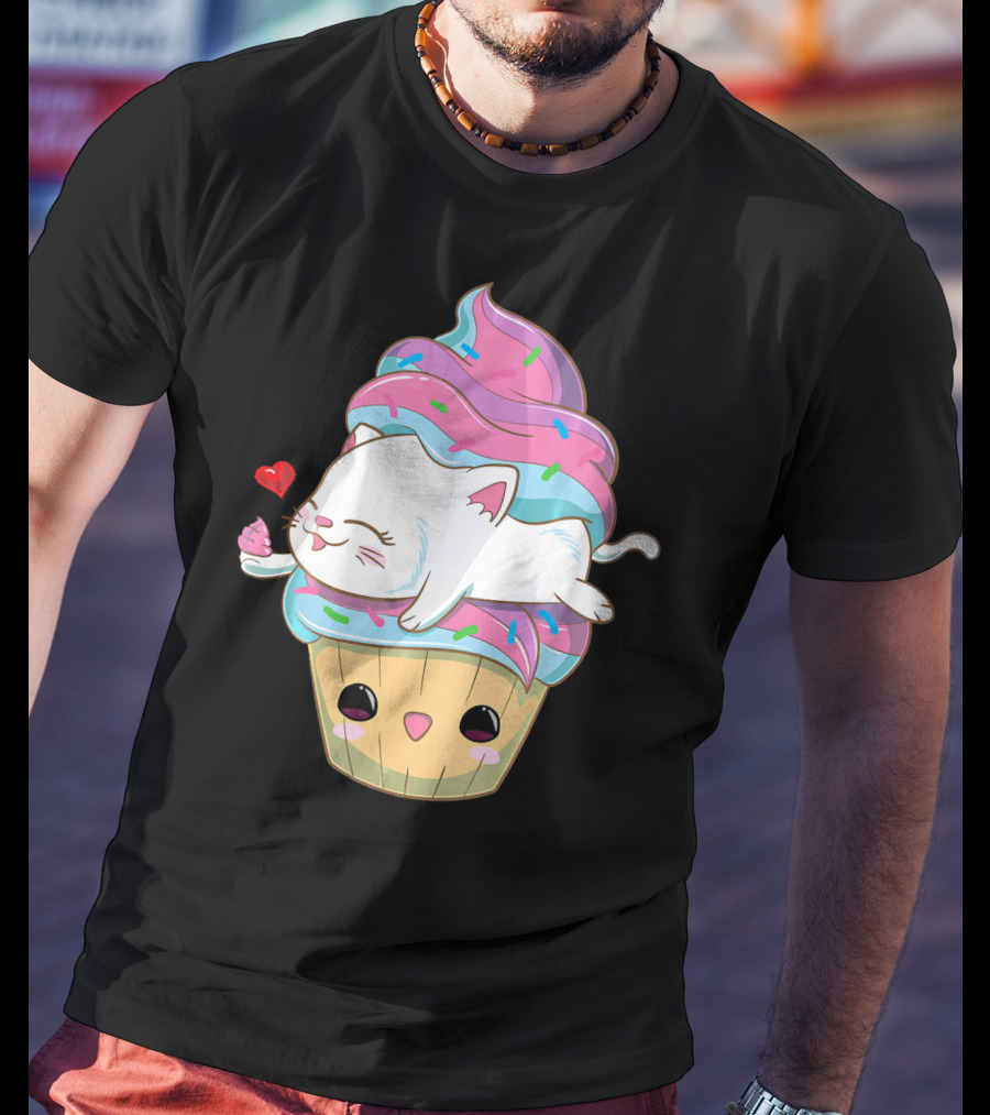 Cute Kawaii Cat On Pastel Sprinkles Cupcake With Heart Balloon T-Shirt