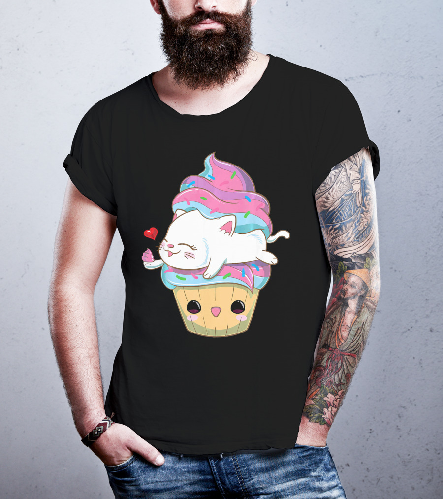 Cute Kawaii Cat On Pastel Sprinkles Cupcake With Heart Balloon T-Shirt