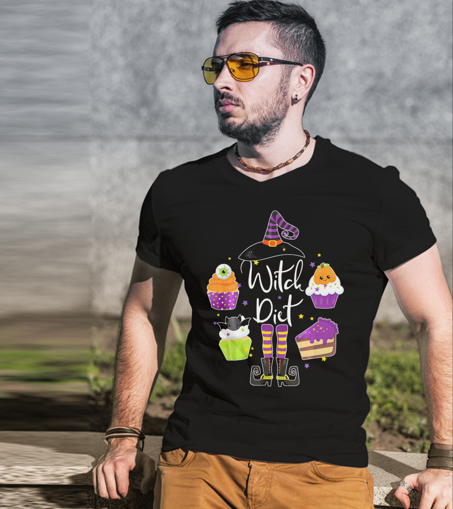 Witch Diet Funny Halloween Pumpkin Cupcake Treats With Witch Hat And Boots T-Shirt