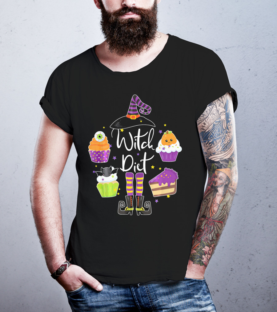 Witch Diet Funny Halloween Pumpkin Cupcake Treats With Witch Hat And Boots T-Shirt