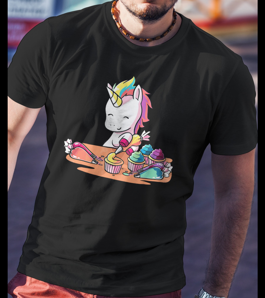 Unicorn Decorating Colorful Cupcakes With Rainbow Frosting T-Shirt
