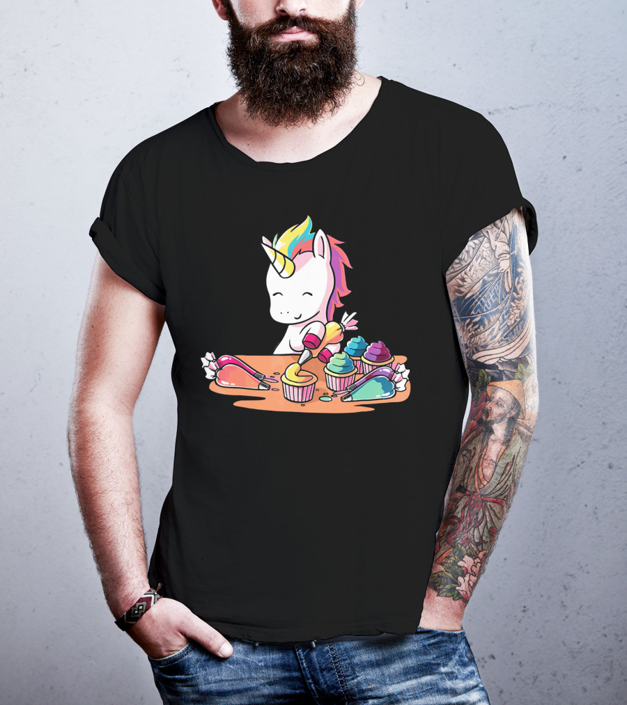 Unicorn Decorating Colorful Cupcakes With Rainbow Frosting T-Shirt