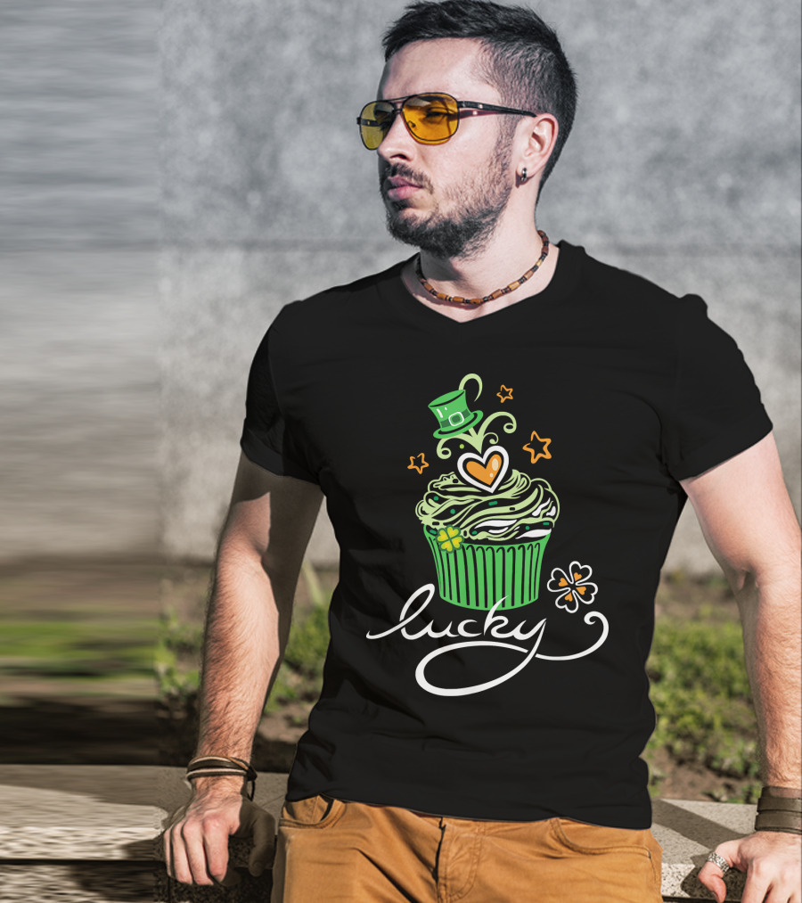 Lucky Green Cupcake With St Patrick's Day Hat And Shamrock T-Shirt