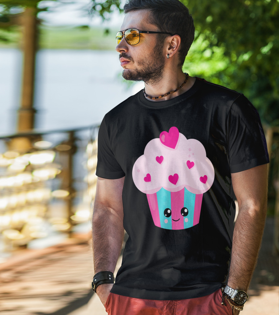 Kawaii Pink Hearts Cupcake With Cute Happy Face T-Shirt