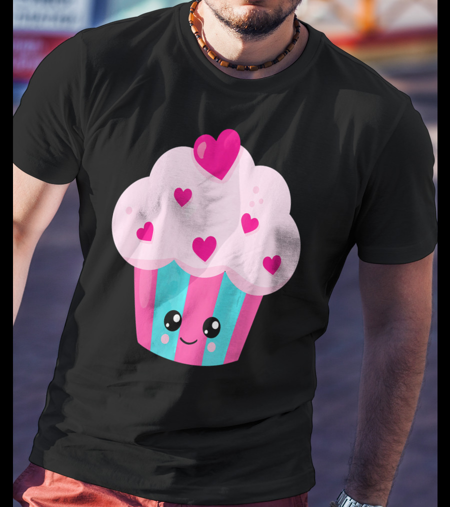 Kawaii Pink Hearts Cupcake With Cute Happy Face T-Shirt