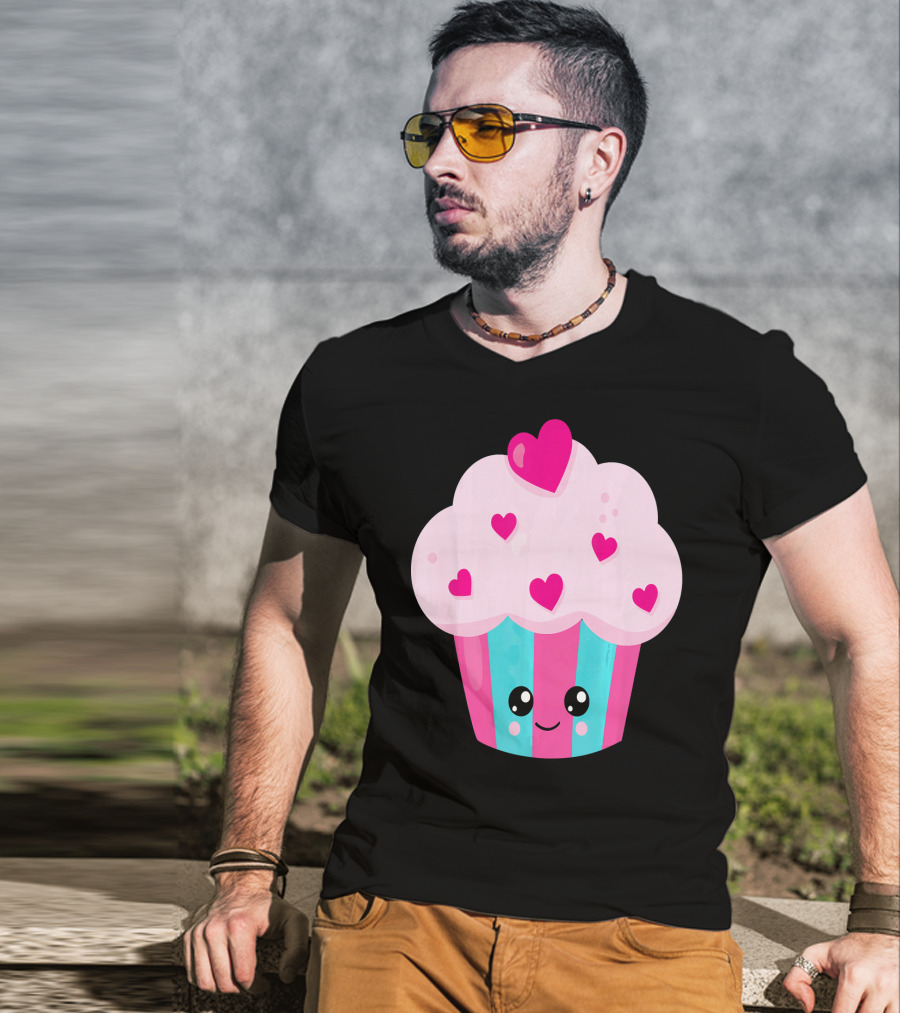 Kawaii Pink Hearts Cupcake With Cute Happy Face T-Shirt