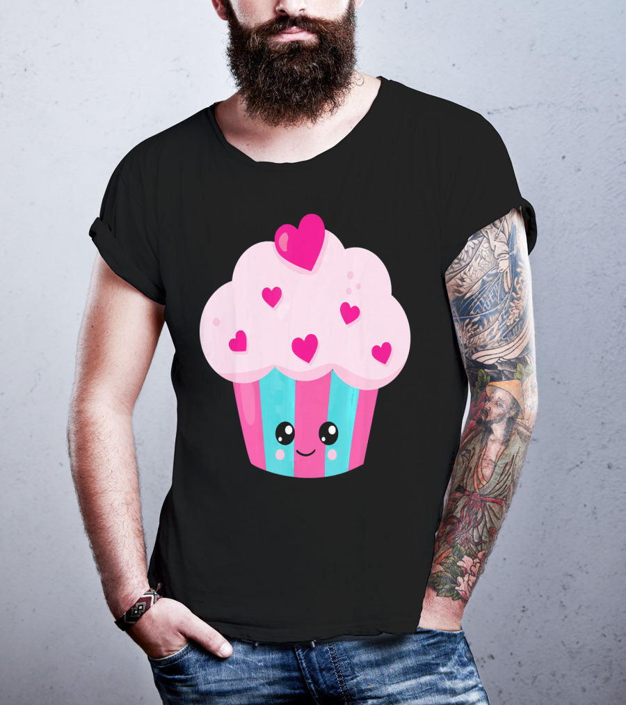 Kawaii Pink Hearts Cupcake With Cute Happy Face T-Shirt
