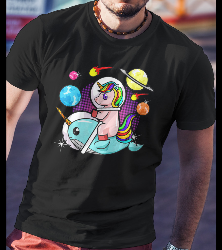 Unicorn Riding Narwhal Space Adventure With Planets And Astronaut Helmet T-Shirt