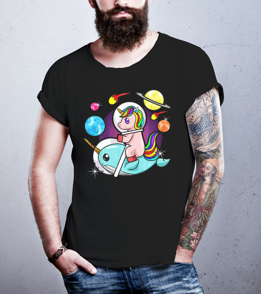 Unicorn Riding Narwhal Space Adventure With Planets And Astronaut Helmet T-Shirt