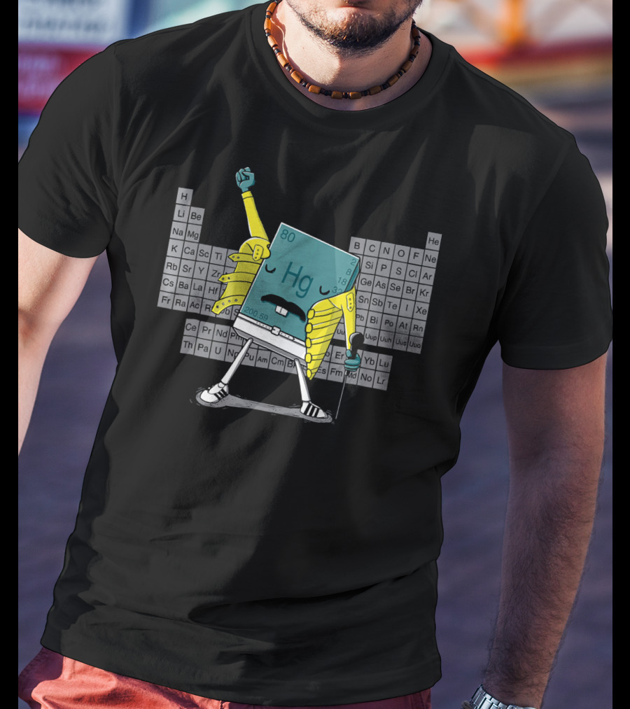 Mercury Hg Element Rocking Freddie Pose With Periodic Table Background T-Shirt