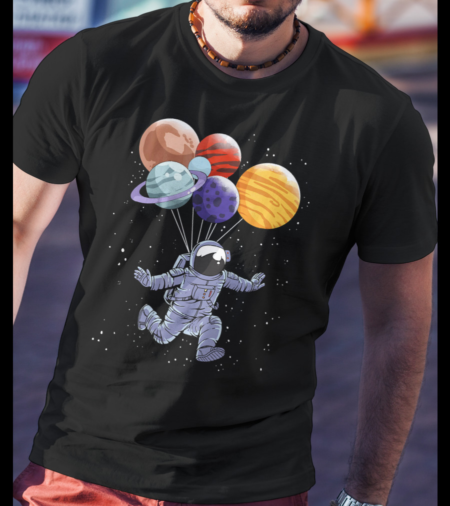 Astronaut Floating With Planet Balloons In Space Boys T-Shirt