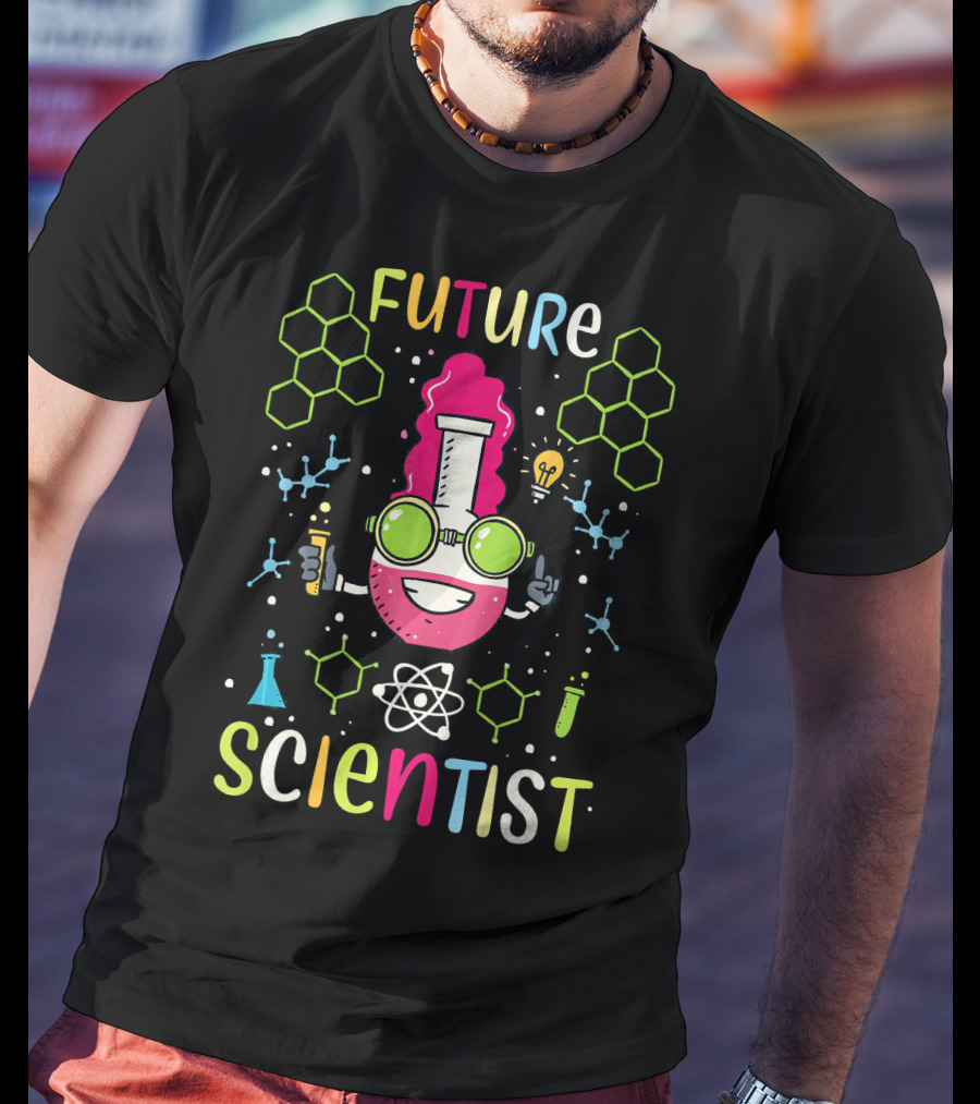 Future Scientist Junior Kids Science Beaker Atom Molecule Hexagon Lab Lightbulb T-Shirt