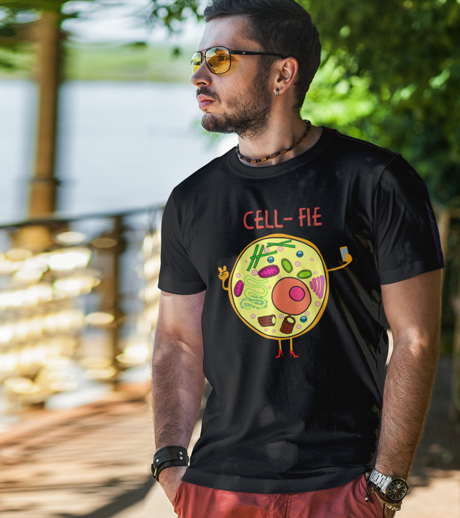 Cell-Fie Funny Science Tee Featuring Cartoon Cell Taking Selfie T-Shirt