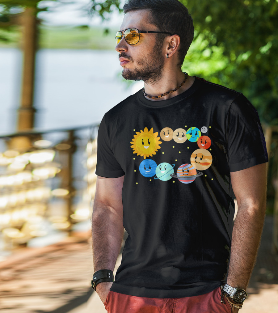 Kids Solar System Science Planets Learning Smiling Sun And Stars T-Shirt
