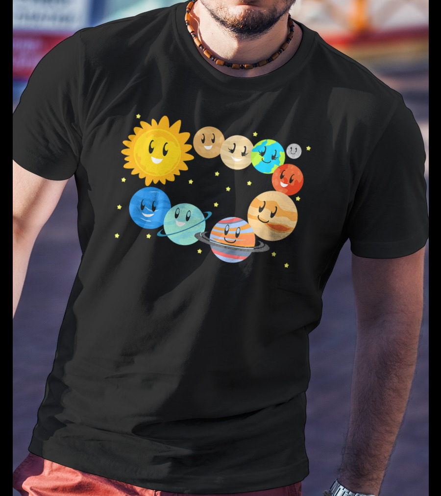 Kids Solar System Science Planets Learning Smiling Sun And Stars T-Shirt
