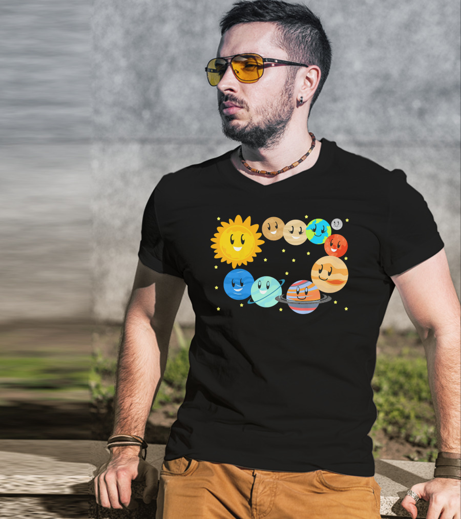 Kids Solar System Science Planets Learning Smiling Sun And Stars T-Shirt
